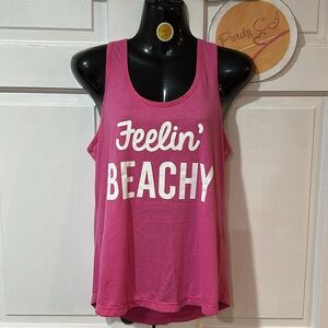 JENNI INTIMATES Pink Racerback Tank, “Feelin’ Beachy” in white letters. Sz. M